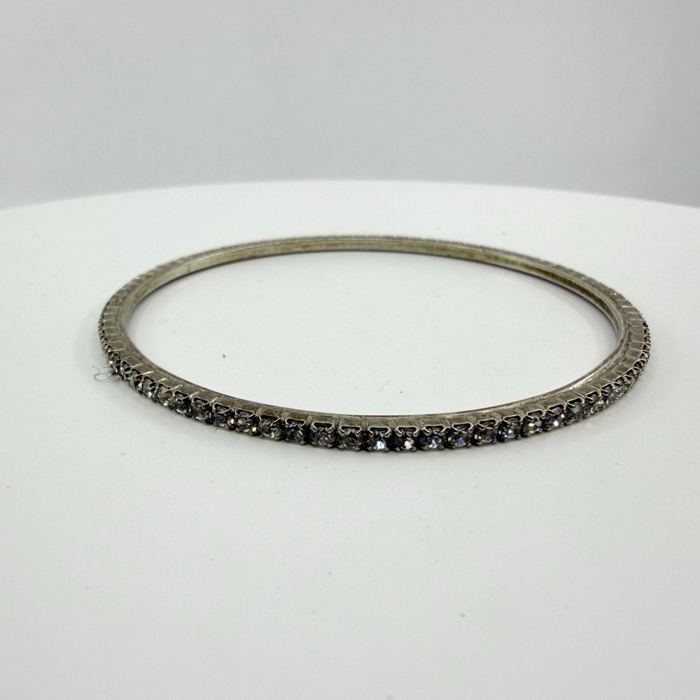 Minimalist Silver Tone Rhinestone Bangle Bracelet - Delicate Layering